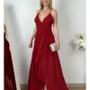 Vestido gasa falda asimétrica burdeos