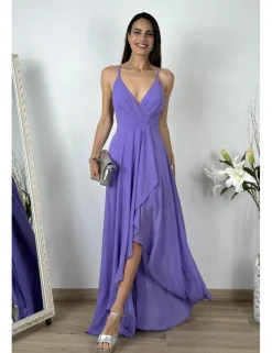 Vestido gasa falda asimétrica malva