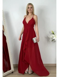 Vestido gasa falda asimétrica burdeos