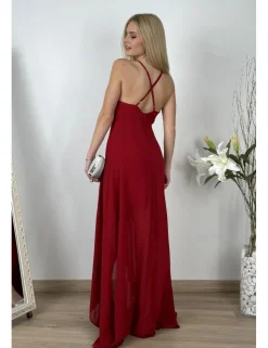 Vestido gasa falda asimétrica burdeos