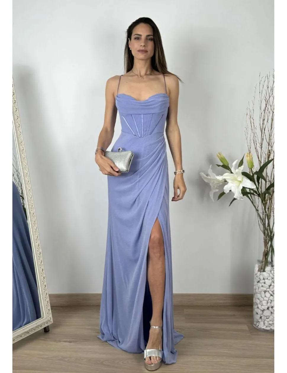 Vestido largo bandas corset malva