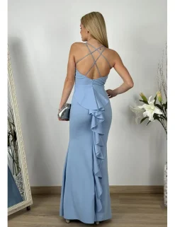 Vestido largo celeste con volante