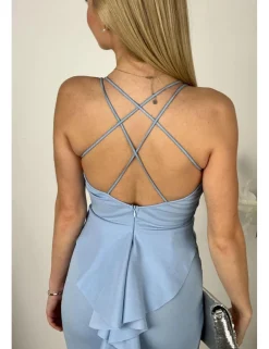 Vestido largo celeste con volante