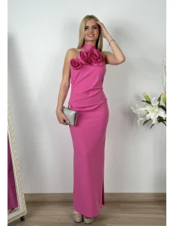 Vestido largo cuello hálter rosa