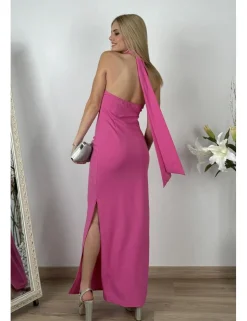 Vestido largo cuello hálter rosa
