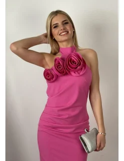 Vestido largo cuello hálter rosa