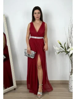 Vestido largo de gasa burdeos