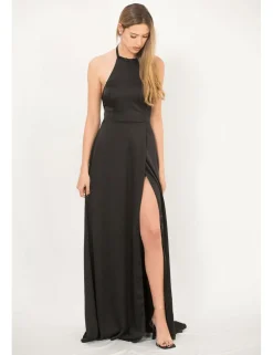 Vestido largo de raso con abertura negro