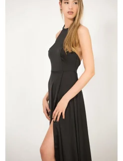 Vestido largo de raso con abertura negro