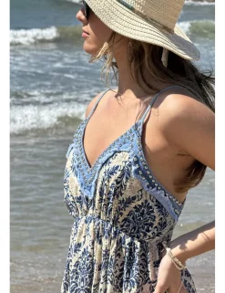 Vestido largo floral blanco-marino