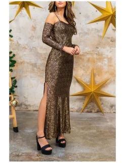 Vestido largo lentejuelas oro