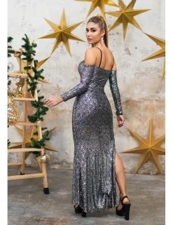 Vestido largo lentejuelas plata