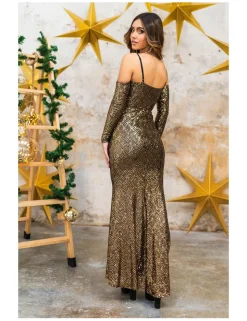 Vestido largo lentejuelas oro