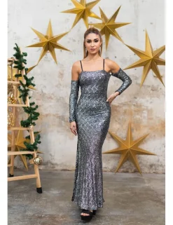 Vestido largo lentejuelas plata