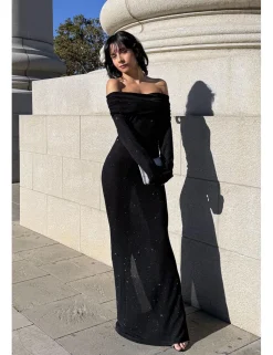 Vestido largo lurex bardot negro