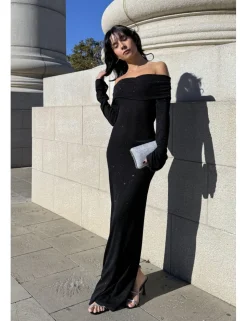 Vestido largo lurex bardot negro