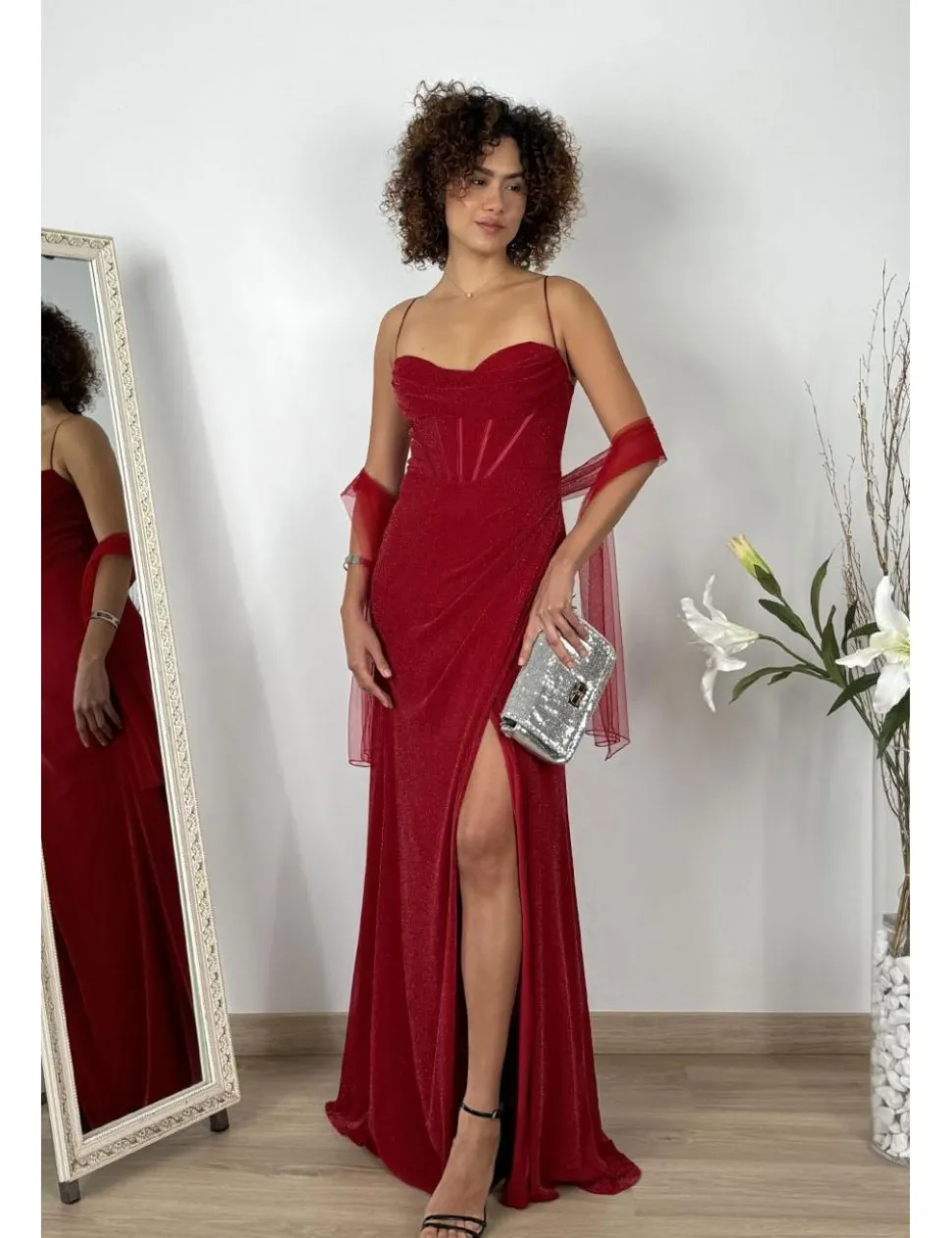 Vestido largo lurex corset burdeos