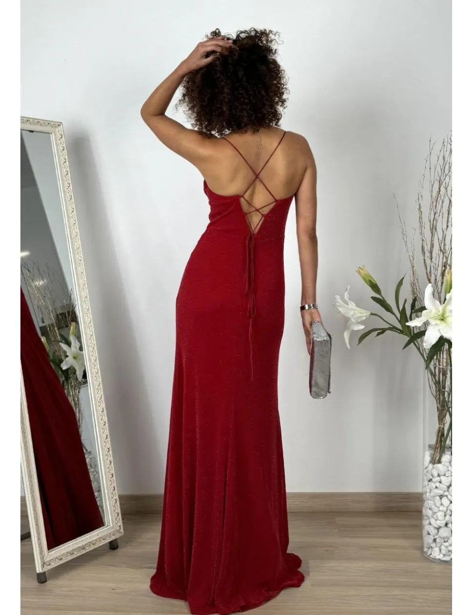 Vestido largo lurex corset burdeos