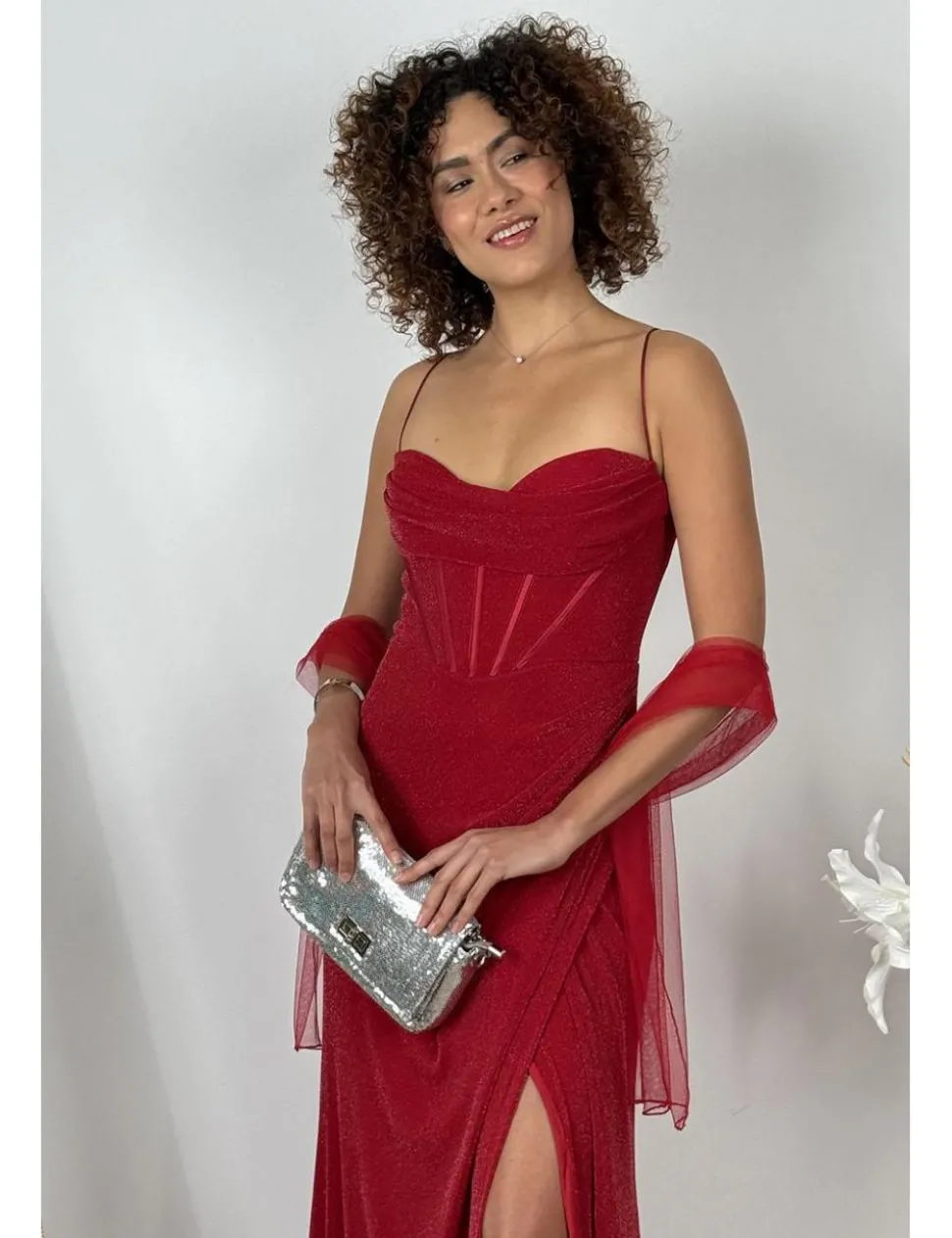 Vestido largo lurex corset burdeos