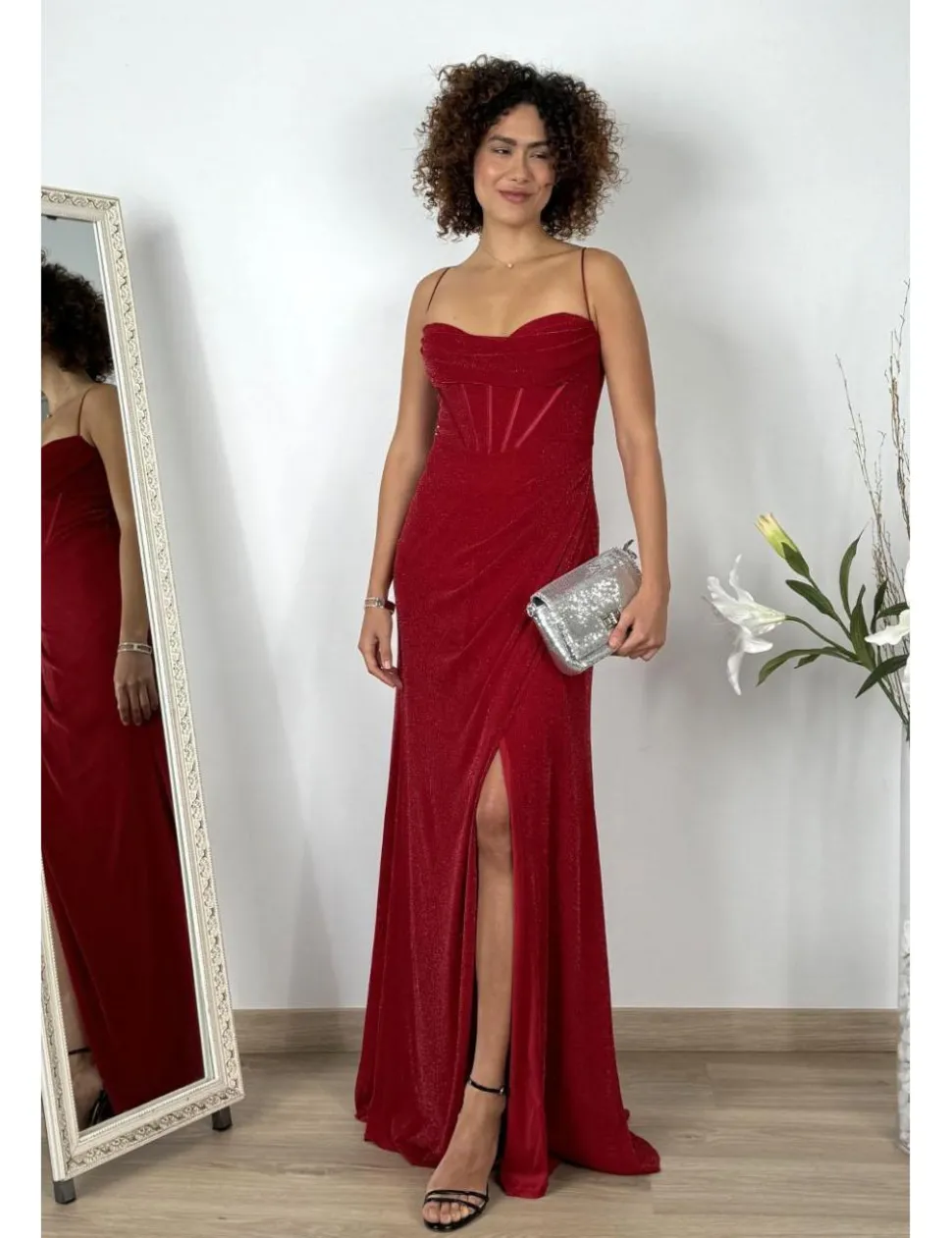 Vestido largo lurex corset burdeos