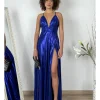 Vestido largo metalizado azulón