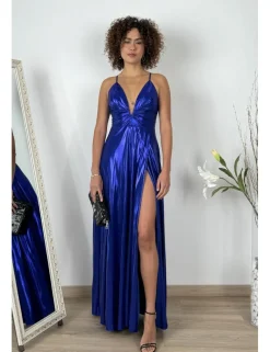 Vestido largo metalizado azulón