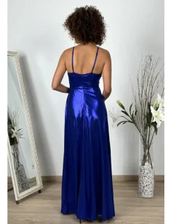 Vestido largo metalizado azulón