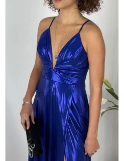 Vestido largo metalizado azulón