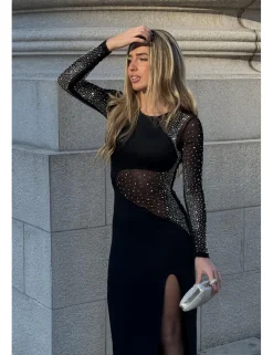 Vestido largo transparencia diamantes negro