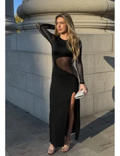 Vestido largo transparencia diamantes negro
