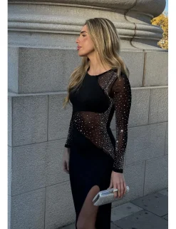 Vestido largo transparencia diamantes negro