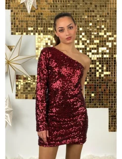 Vestido lentejuelas asimétrico granate