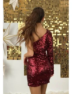 Vestido lentejuelas asimétrico granate
