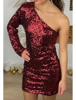 Vestido lentejuelas asimétrico granate