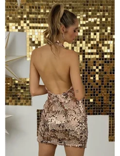 Vestido lentejuelas cuello hálter rosa