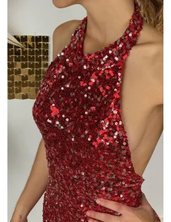 Vestido lentejuelas cuello hálter rojo