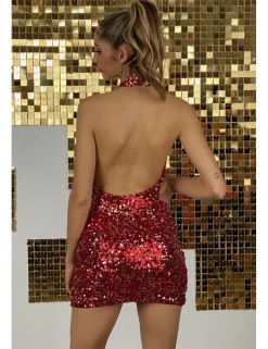Vestido lentejuelas cuello hálter rojo