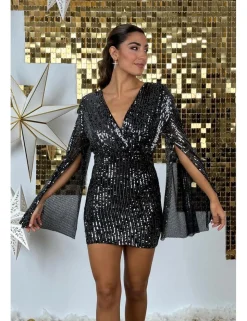 Vestido lentejuelas mangas abiertas negro-plata