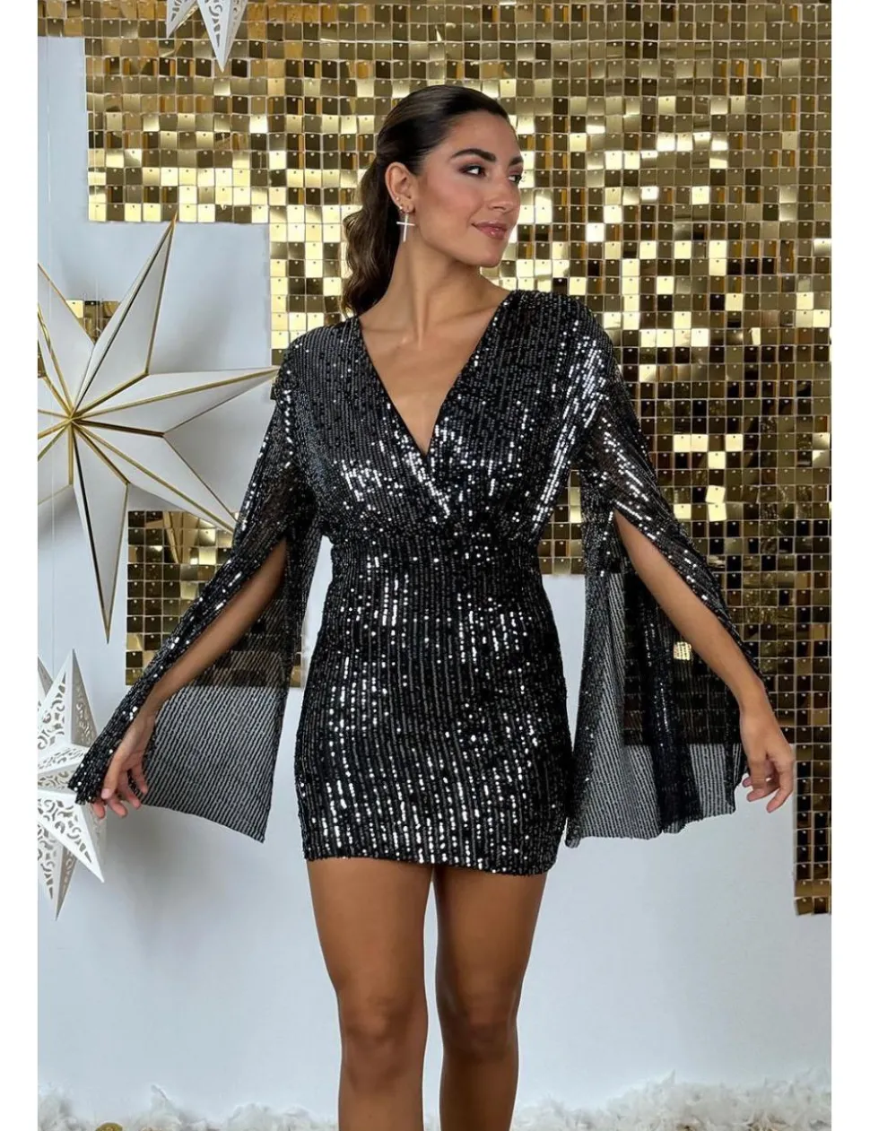 Vestido lentejuelas mangas abiertas negro-plata