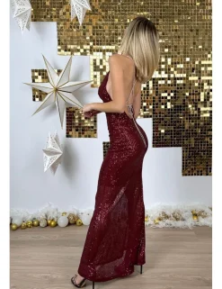Vestido lentejuelas tirantes brillantes granate