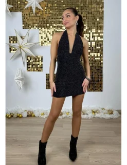 Vestido lurex atado al cuello negro-plata
