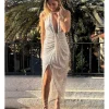 Vestido midi lentejuelas halter beige claro