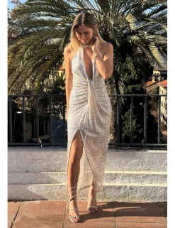 Vestido midi lentejuelas halter beige claro