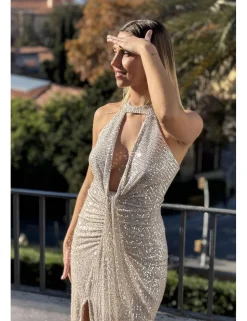 Vestido midi lentejuelas halter beige claro