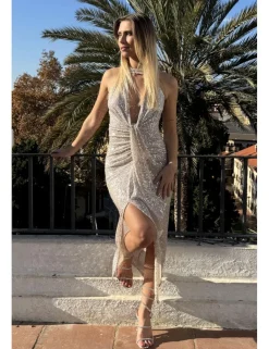 Vestido midi lentejuelas halter beige claro