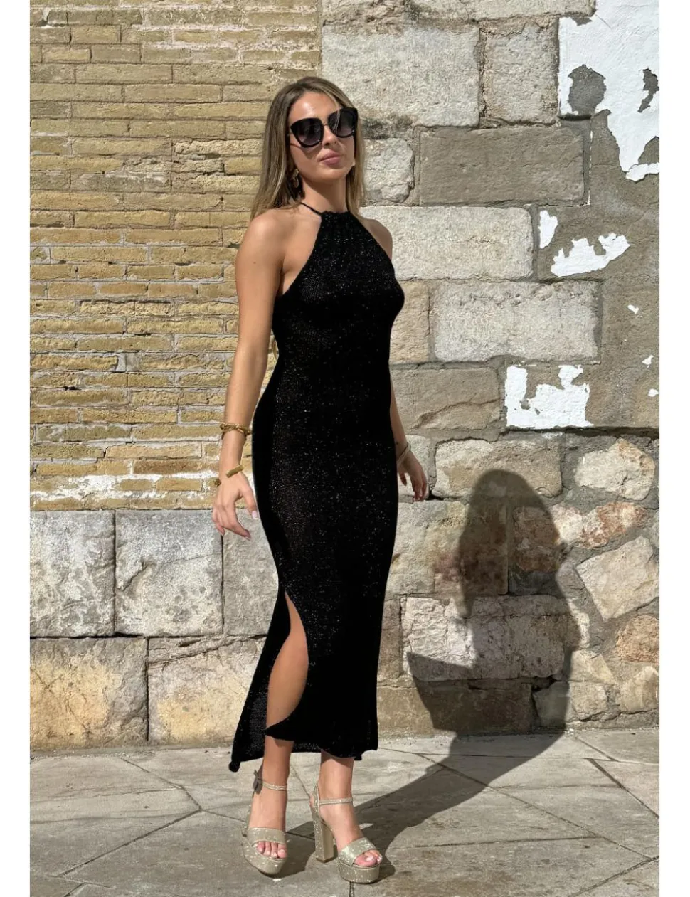 Vestido midi lurex halter negro
