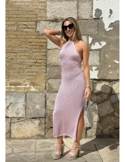 Vestido midi lurex halter rosa