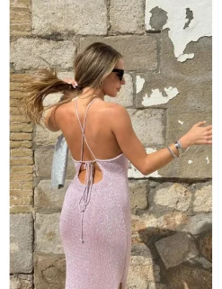 Vestido midi lurex halter rosa