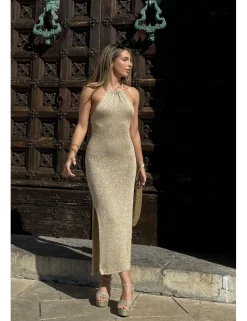 Vestido midi lurex halter oro