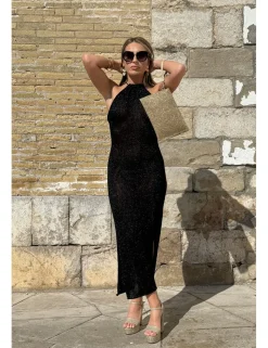 Vestido midi lurex halter negro